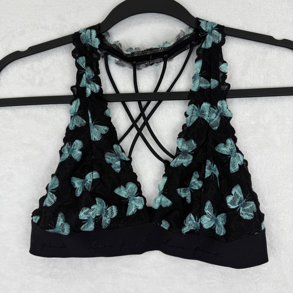 PINK Victoria's Secret Black Teal Butterfly Lace Strappy Back Bralette Small
